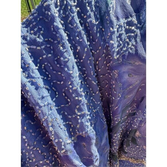 Laurence Kazar silk beaded long formal periwinkle blue purple floral 14W new - Picture 12 of 12